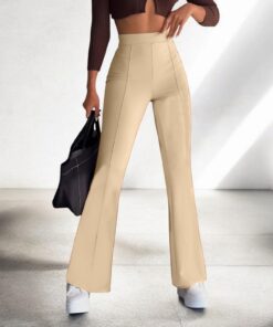Lycra Flared Trousers with Elastic Waist -Beige