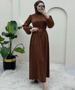 Satin Evening Dresses with Laced Waist and Elasticized Sleeves -Taba