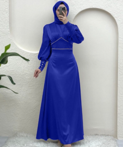 Satin Evening Dress with Pearl Detailed Waist and Buttoned Sleeve Cuffs -Saks