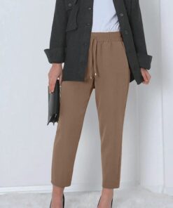 Double Pocket Pants with Elastic Waistband and Lace-up Detail -Mink