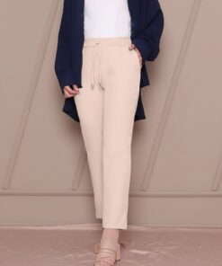 Double Pockets Elastic Waist Elastic Waistband Trousers -Beige