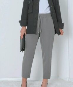 Double Pocket Pants with Elastic Waistband and Lace-up Detail -Grey