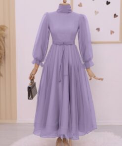 Puffy Sleeve and Skirted Belted Tulle Evening Dress -Light Lilac