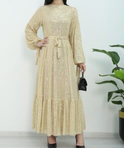 Evening Dress with Stitched Skirt and Belt -Gold