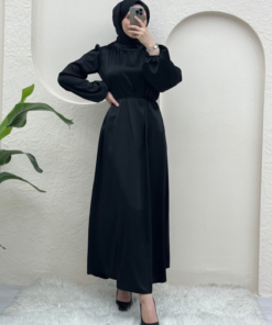 Satin Evening Dresses with Elasticized Waist Laced Sleeves -Black