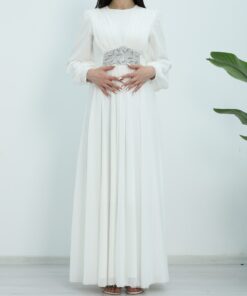Evening Dress with Draped Front and Tied Waist with Stone Detail -White