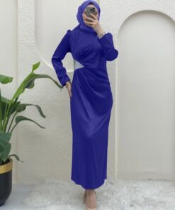 Satin Evening Dresses with Stone Detailed Waist and Shirred Front -Saks