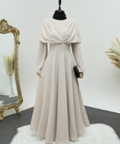 Front Crossed Double Layer Judge Collar Crepe Dress -Beige