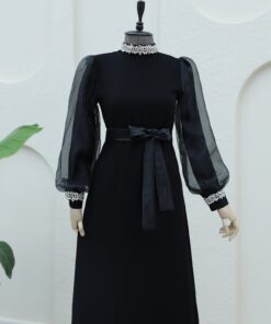 Organza Sleeve Dress with Stone Collar and Sleeves and Lace-Up Waist -Black