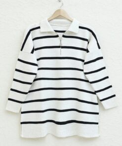 Polo Collar Zippered Sweater Tunic -Cream