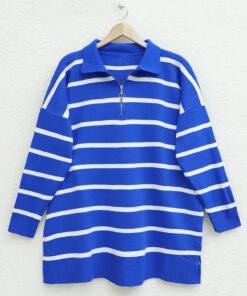 Polo Collar Zippered Sweater Tunic -Sax