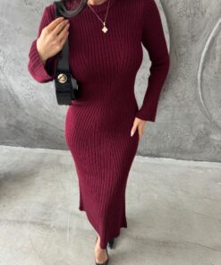 Dəyirmi boyunlu İspan qollu trikotaj paltar - Bordo Qırmızı