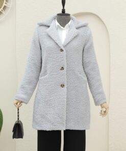 Buttoned Lined Plush Coat with Front Pockets -Light Gray