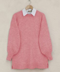 Round Neck Balloon Sleeve Shabby Sweater Sweater -Fawn