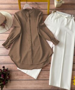 Oval Cut Shirt with Draped Sleeve Cuffs -Leaf