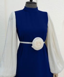 Balloon Sleeve Cuffs Elasticized Rose Belted Dress -Saks