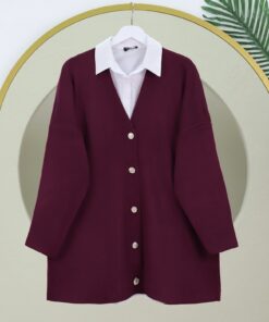 V Yakalı Düyməli Oversize Trikotaj Hırka - Bordo Qırmızı