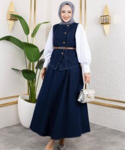Düyməli Kəmərli Gödəkçə Etek Denim Dəsti -K.Laci