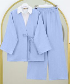 Qabaq qalstuklu şalvar Kimono dəsti - Göy mavi