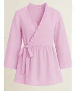 Yakası Fırfırlı Yandan Bağlamalı Keten Kimono -Pembe