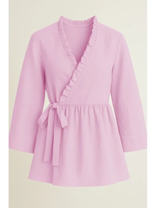 Yakası Fırfırlı Yandan Bağlamalı Keten Kimono -Pembe